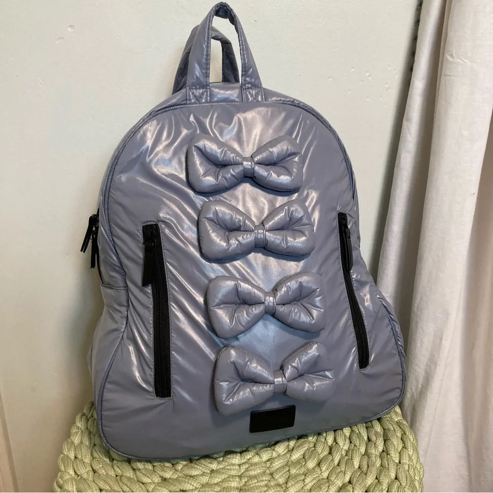 7AM Enfant Voyage Midi Bows Haze Gray/ Purple  Nylon Puffy Backpack